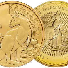 Dwie złote monety z wizerunkiem kangura i napisem "Kangaroo 1 oz Gold".
