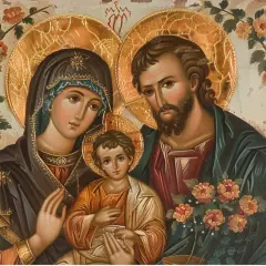 Święty obraz dla pary młodej: Matka Boska z Dzieciątkiem i św. Józef, otoczeni kwiatami, symbolizują miłość i rodzinę.