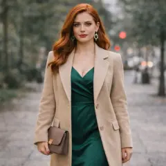 Elegancka kobieta w beżowym płaszczu i zielonej sukience, z brązową kopertówką. Idealne dodatki do zielonej sukienki.