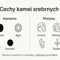 Ilustracja przedstawia kamienie (onyks, agat, karneol) i motywy (portret, mitologia, roślina) związane z kameami.
