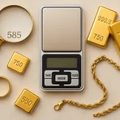 Precyzyjna waga, lupa z oznaczeniem 585 i sztabki złota 750, 999.9 oraz biżuteria. Czyste złoto w zasięgu ręki.