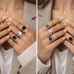 Dłonie ozdobione licznymi pierścionkami. Na którym palcu nosi się pierścionek ozdobny? Na każdym, od wskazującego po mały, w zależności od stylizacji.