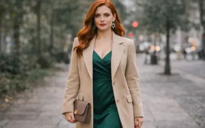 Elegancka kobieta w beżowym płaszczu i zielonej sukience, z brązową kopertówką. Idealne dodatki do zielonej sukienki.