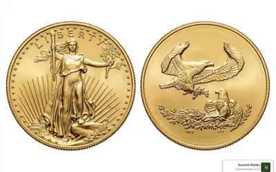 Złota moneta z wizerunkiem Lady Liberty i orła. To amerykański orzeł 1 uncja złota, symbol wolności i potęgi.