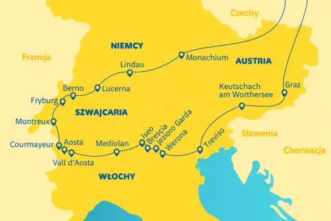 Mapa Europy z trasą przez Szwajcarię, Włochy, Austrię. Gdzie jest najtańsze złoto w Europie? Sprawdź trasę!