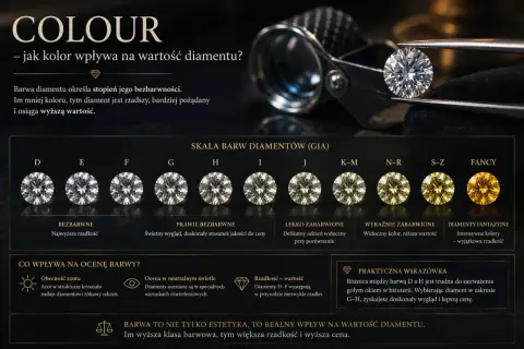 Skala barw diamentów GIA od D do Fancy. Im mniej koloru, tym wyższa wartość i rzadkość, a **kolor diamentowy** jest kluczowy.