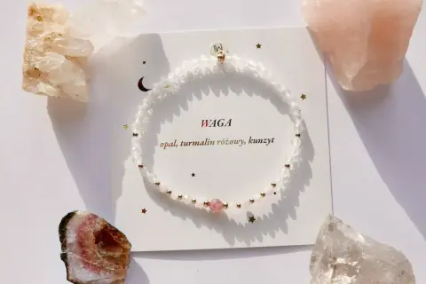 Bransoletka z kamieni naturalnych dla Wagi: opal, turmalin różowy, kunzyt. Idealny kamień zodiakalny.