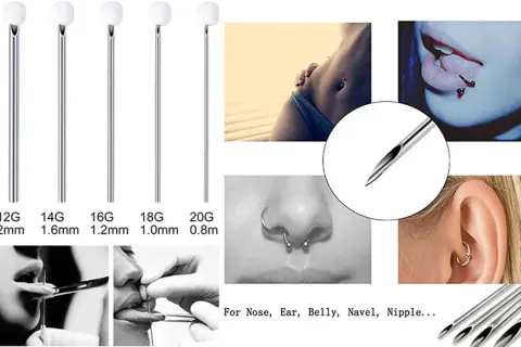 Igły do piercingu: 12G (2mm), 14G (1.6mm), 16G (1.2mm), 18G (1.0mm), 20G (0.8mm). Jaki wenflon do nostrila? Zobacz przykłady piercingu nosa, uszu, języka.