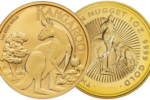 Dwie złote monety z wizerunkiem kangura i napisem "Kangaroo 1 oz Gold".