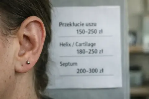 Cennik przekłuć: ucho 150-250 zł, helix 180-250 zł, septum 200-300 zł.