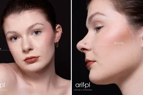 Kobieta z septum i nostril. Złote kolczyki podkreślają jej urodę.