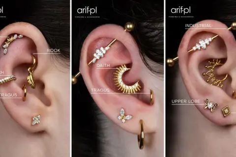 Ucho z wieloma kolczykami: helix, rook, conch, anti tragus, daith, tragus, industrial, upper lobe i lobe.