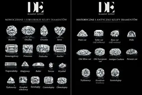 Różne szlify diamentów: brylant, owalny, gruszka, serce, szmaragdowy, princessa, poduszka, Asscher, point cut, table cut, rose cut, polki, Old Mine cut, Old European cut, Antique Cushion, Peruzzi cut, trapezoidalny, księżycowy, bullet, tarcza, kryształ...