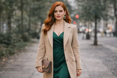 Elegancka kobieta w beżowym płaszczu i zielonej sukience, z brązową kopertówką. Idealne dodatki do zielonej sukienki.