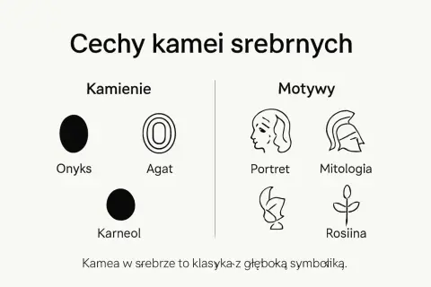 Ilustracja przedstawia kamienie (onyks, agat, karneol) i motywy (portret, mitologia, roślina) związane z kameami.