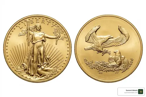 Złota moneta z wizerunkiem Lady Liberty i orła. To amerykański orzeł 1 uncja złota, symbol wolności i potęgi.