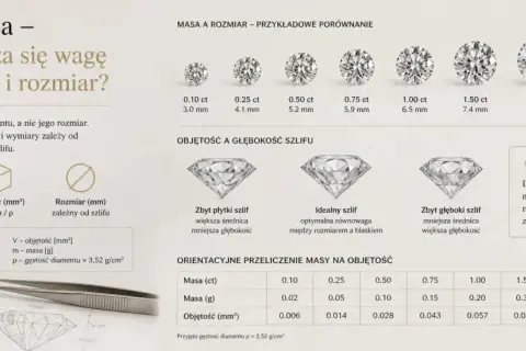 Tabela pokazuje zależność masy diamentu od jego objętości i rozmiaru, uwzględniając gęstość diamentu (ok. 3,52 g/cm³) i szlif.