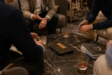 Mężczyźni w eleganckich strojach dyskutują przy stoliku, na którym leży sztabka złota. To symbol bogactwa i sukcesu, jak złoto c hafner.