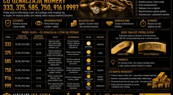 Przewodnik po próbach złota: 333, 375, 585, 750, 916, 999. Dowiedz się, co oznaczają numery i jak wpływają na wartość biżuterii.