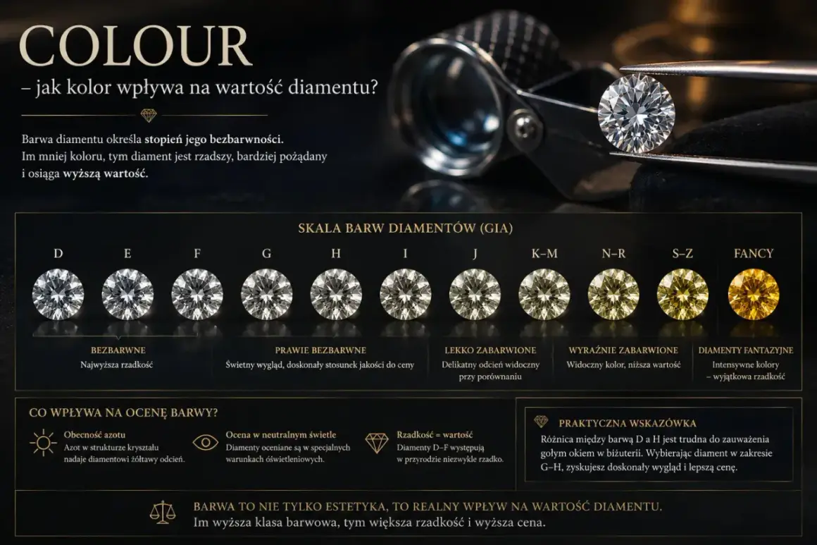 Skala barw diamentów GIA od D do Fancy. Im mniej koloru, tym wyższa wartość i rzadkość, a **kolor diamentowy** jest kluczowy.