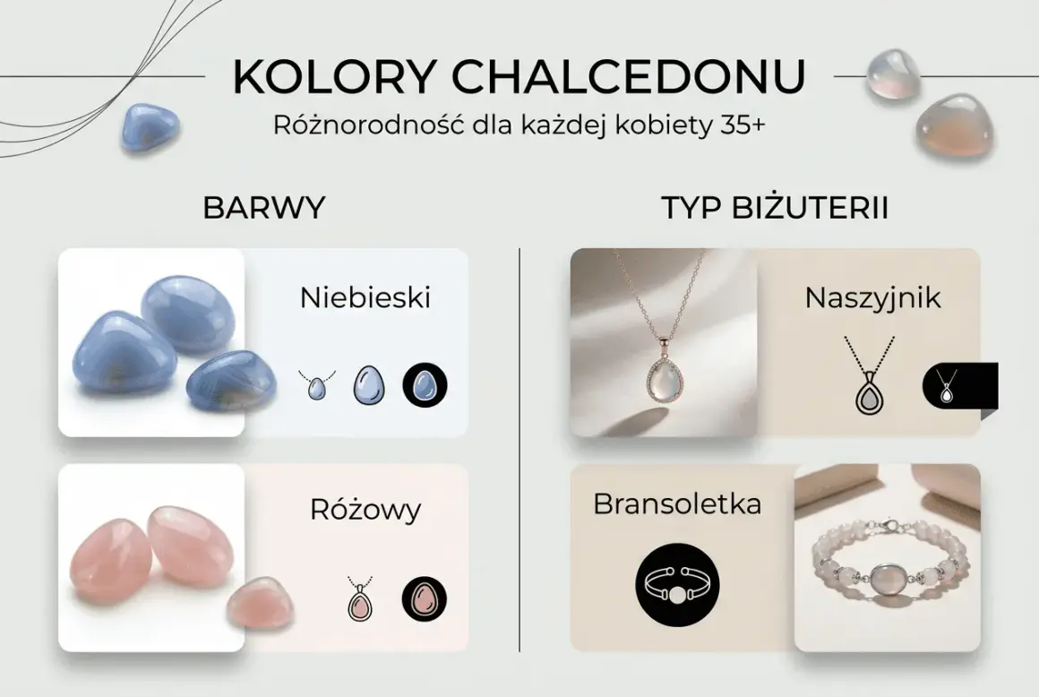 Niebieski i różowy chalcedon, kamień o pięknych właściwościach, prezentowany w formie naszyjników i bransoletek.
