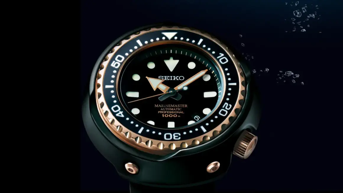Seiko Marinemaster z wodoszczelnością 100m, gotowy na głębiny.