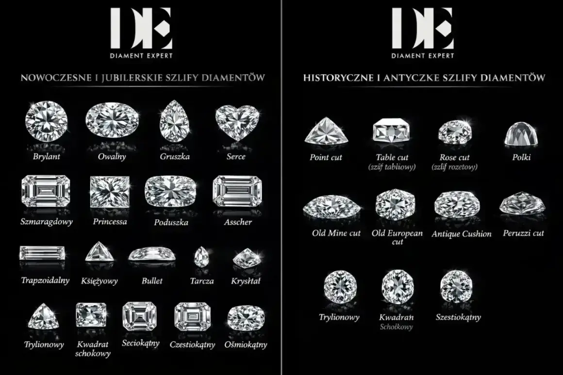 Różne szlify diamentów: brylant, owalny, gruszka, serce, szmaragdowy, princessa, poduszka, Asscher, point cut, table cut, rose cut, polki, Old Mine cut, Old European cut, Antique Cushion, Peruzzi cut, trapezoidalny, księżycowy, bullet, tarcza, kryształ...