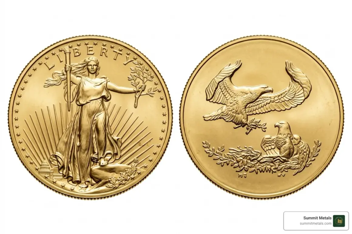 Złota moneta z wizerunkiem Lady Liberty i orła. To amerykański orzeł 1 uncja złota, symbol wolności i potęgi.