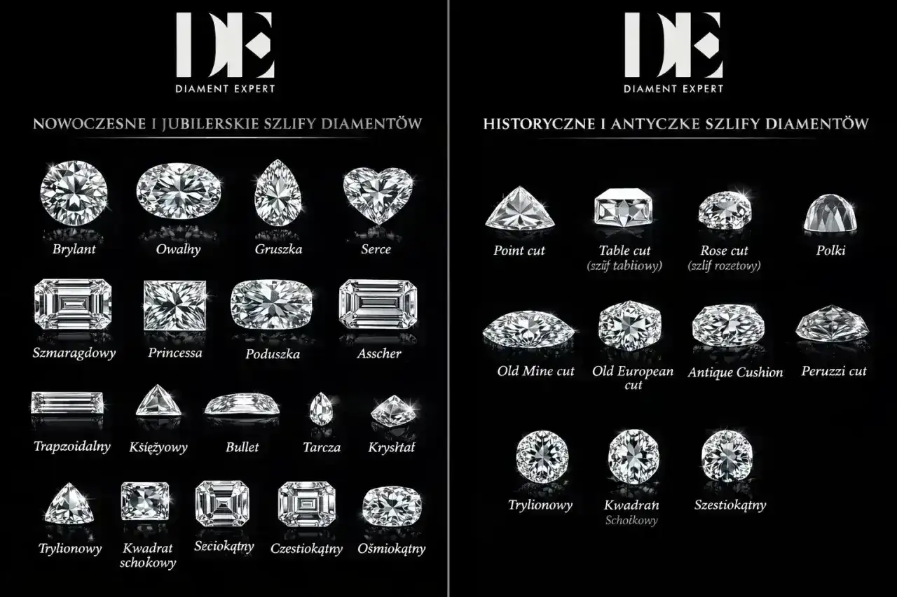 Różne szlify diamentów: brylant, owalny, gruszka, serce, szmaragdowy, princessa, poduszka, Asscher, point cut, table cut, rose cut, polki, Old Mine cut, Old European cut, Antique Cushion, Peruzzi cut, trapezoidalny, księżycowy, bullet, tarcza, kryształ...