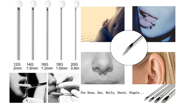 Igły do piercingu: 12G (2mm), 14G (1.6mm), 16G (1.2mm), 18G (1.0mm), 20G (0.8mm). Jaki wenflon do nostrila? Zobacz przykłady piercingu nosa, uszu, języka.