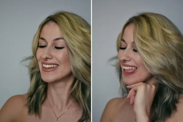 Uśmiechnięta dziewczyna z blond włosami i złotym septum. Czy septum boli? Ona wygląda na zadowoloną.