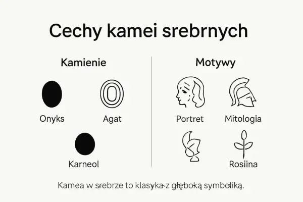 Ilustracja przedstawia kamienie (onyks, agat, karneol) i motywy (portret, mitologia, roślina) związane z kameami.