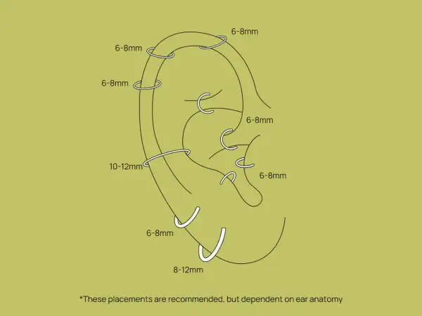 Schemat ucha z zaznaczonymi rozmiarami kolczyków. Jaki rozmiar kolczyka do helixa? Zazwyczaj 6-8mm, ale zależy od anatomii ucha.